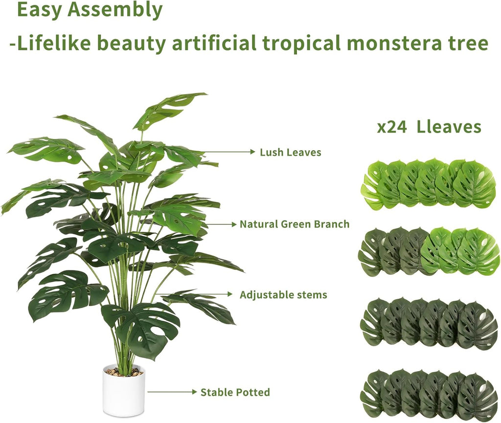 28" Artificial Plants Tropical Palm Tree Fake Monstera Tree in Pot Tall Faux Plant for Outdoor Indoor Home Garden Office Decoration