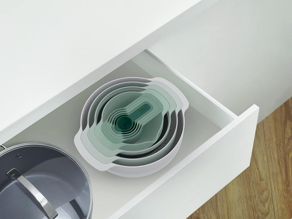 Joseph Joseph Nest 9 Plus, 9 Piece Compact Food Preparation Set with Mixing Bowls, Measuring cups, Sieve and Colander, Editions Range, Sage Green