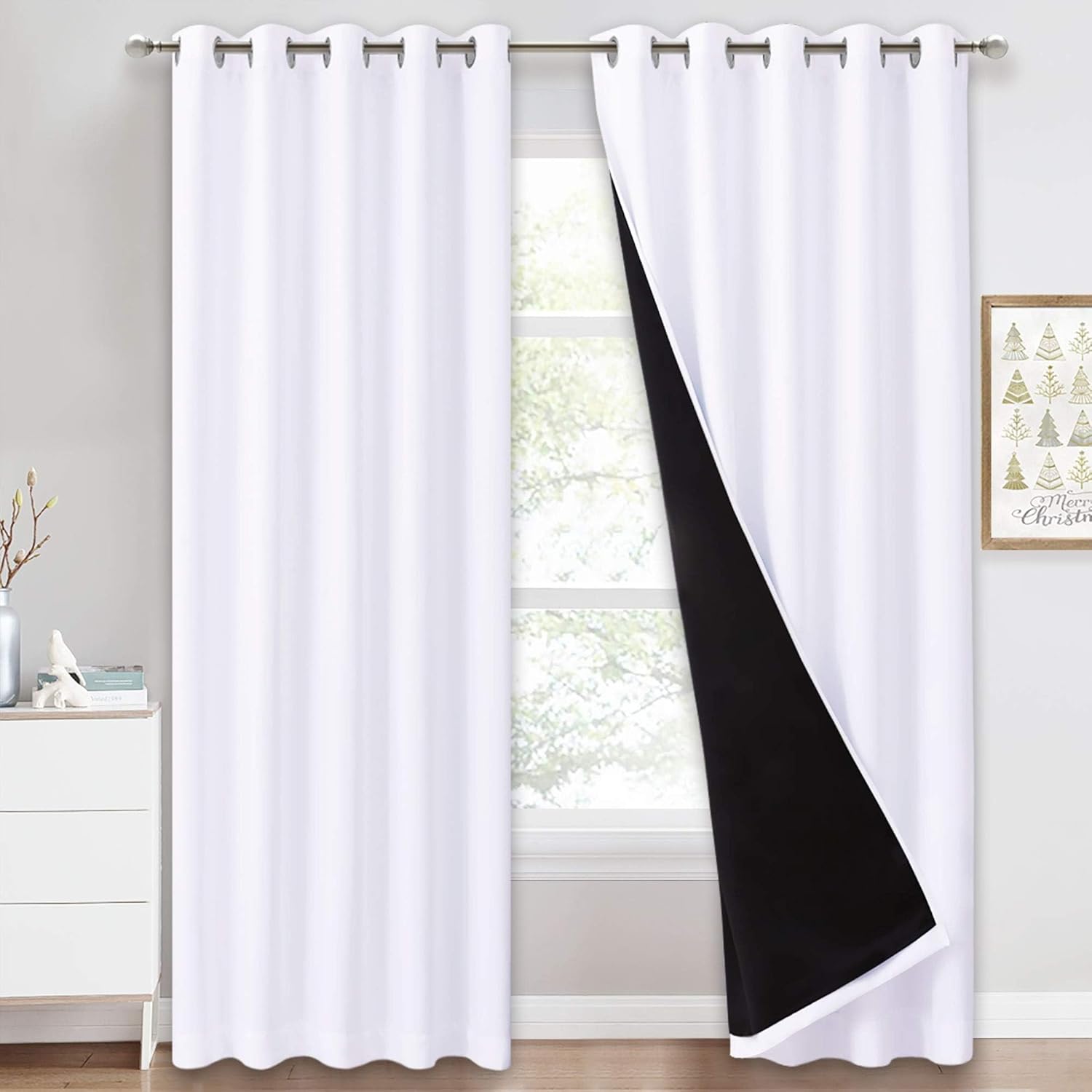 PONY DANCE 100% Blackout Double-Layer Curtains with Liner - Thermal Insulated 66x90 Inch Long Curtains for Bedroom Living Room, Energy Energy & Noise Reducing, White Grommet Blackout Drapes, 2 Panels Main image