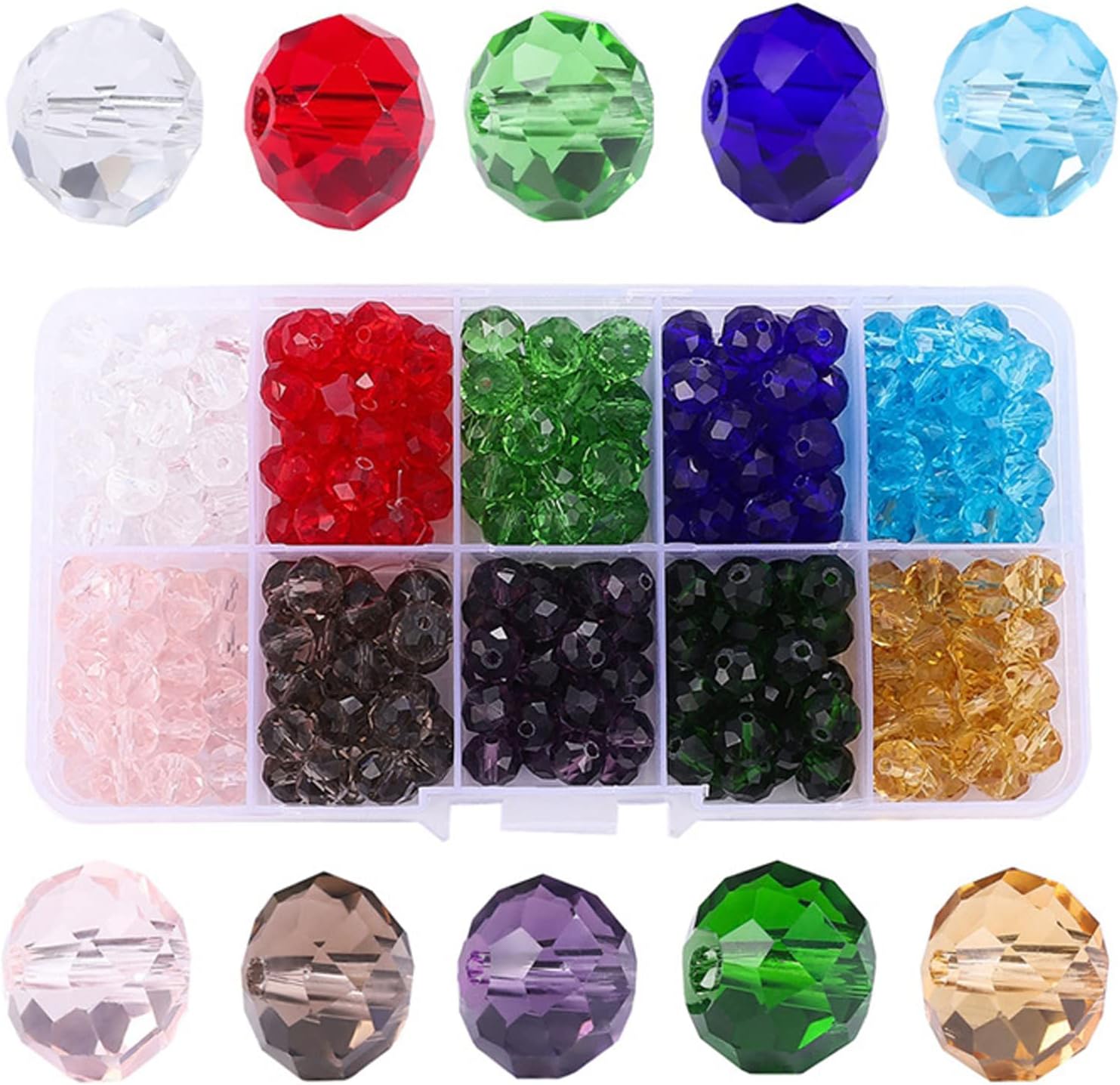 Lumeiy 8mm Briolette Crystal Glass Beads for Jewelry Making,Crystal Spacer Beads Faceted Glass Beads Beads Assorted Colors with Container Box(300pcs) (LU012-Beads-8MM) Main image