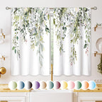 Eucalyptus Botanical Leaves Floral Kitchen Window Curtains Over Sink Boho Farmhouse Flower Leaf Small Window Treatment Sage Green Cafe Short Curtains for Bathroom Tier Drapes 27.5x39 inch