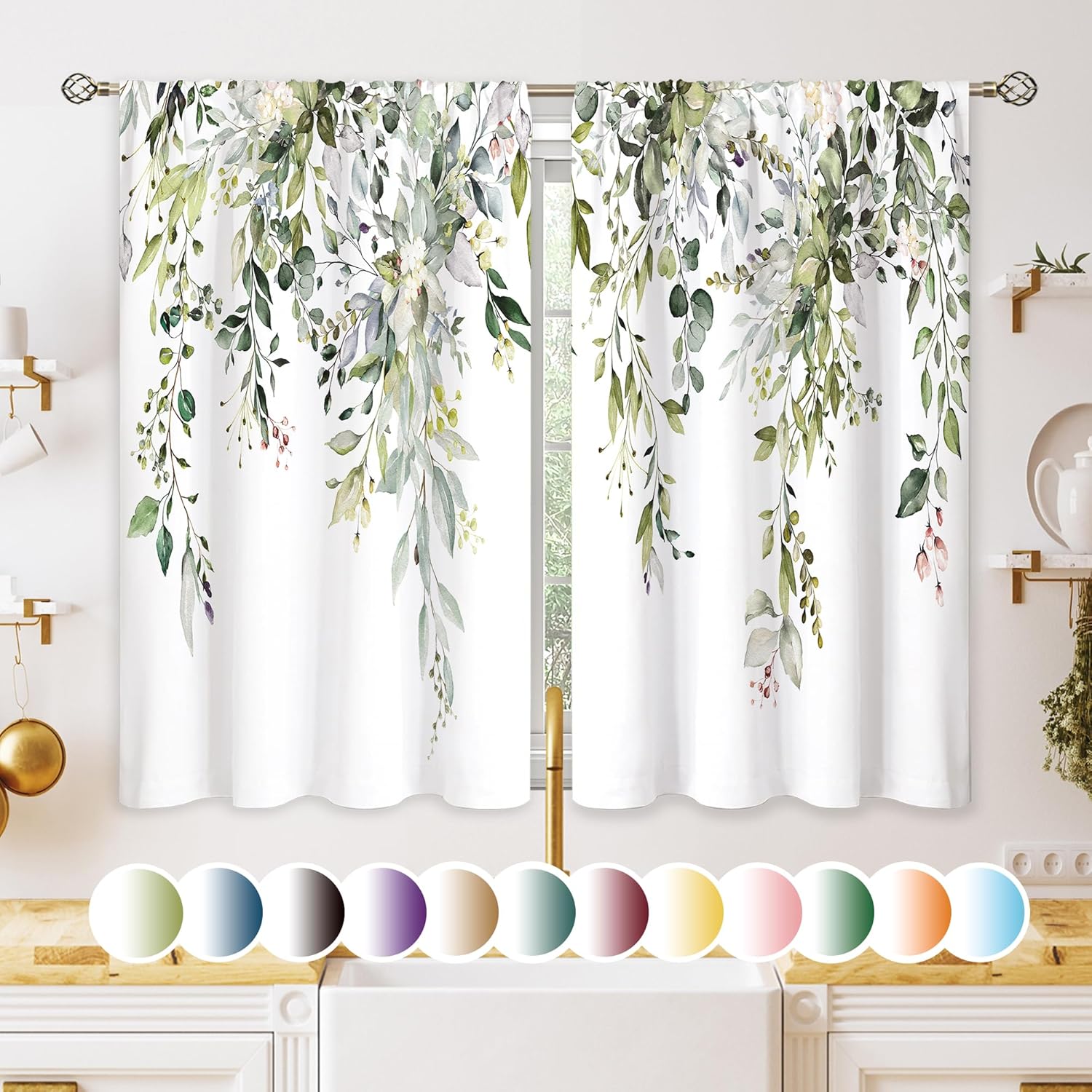 Eucalyptus Botanical Leaves Floral Kitchen Window Curtains Over Sink Boho Farmhouse Flower Leaf Small Window Treatment Sage Green Cafe Short Curtains for Bathroom Tier Drapes 27.5x39 inch