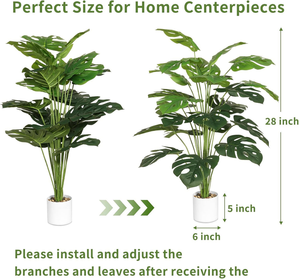 28" Artificial Plants Tropical Palm Tree Fake Monstera Tree in Pot Tall Faux Plant for Outdoor Indoor Home Garden Office Decoration
