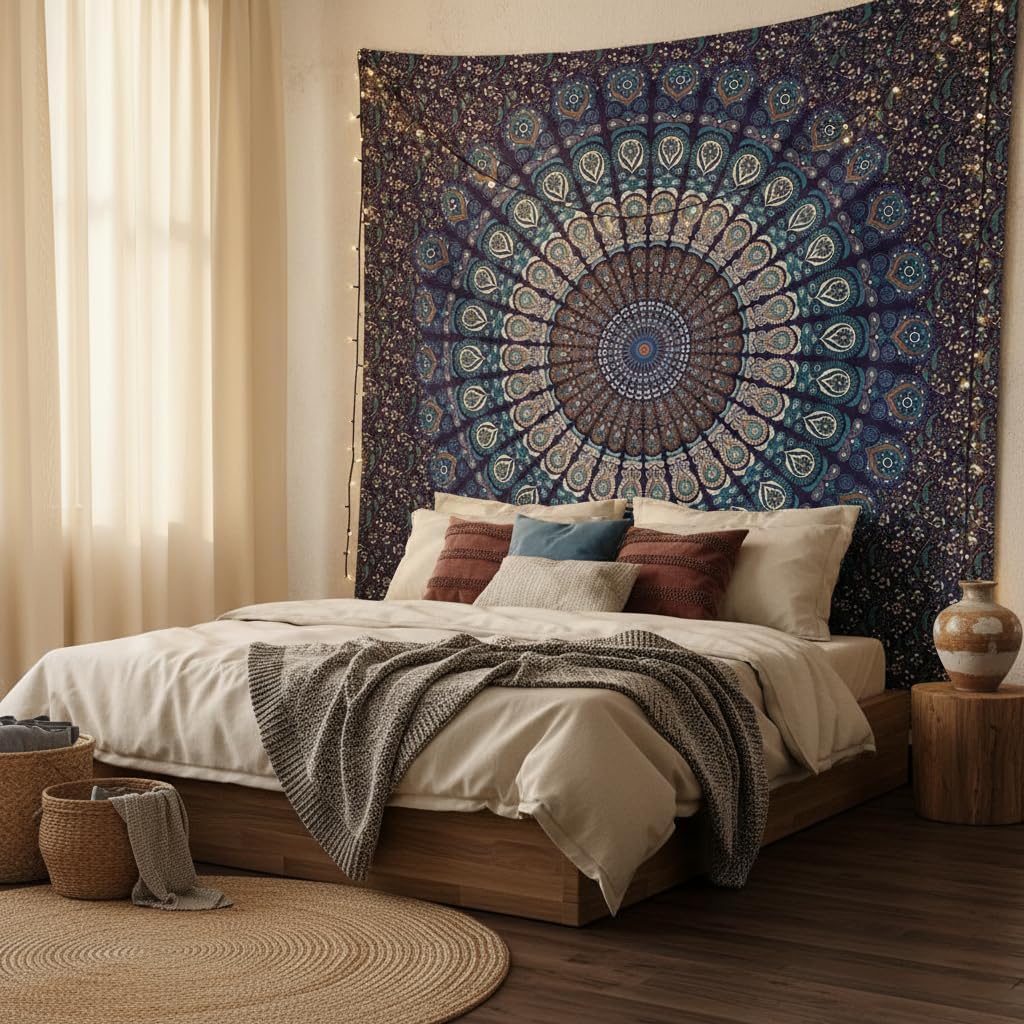 FURNISHFUL FINESSE Peacock Mandala Tapestry for Bedroom Indian Aesthetic Bohemian Wall Hangings Tapestries Hippie Tapestry Psychedelic Room Decor Bedspread Meditation Yoga Mat - 213x228 CM, Navy Blue Main image