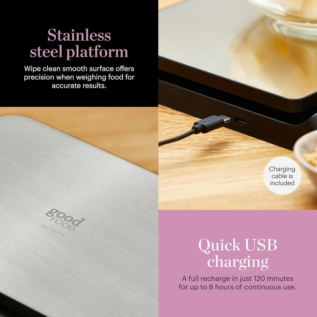 GF876009 Good Food in partnership with Tower Digital Intelli Kitchen Scale, Voice Control, LED Display, USB Rechargeable, 15kg Capacity, Black & Stainless Steel, 19.45