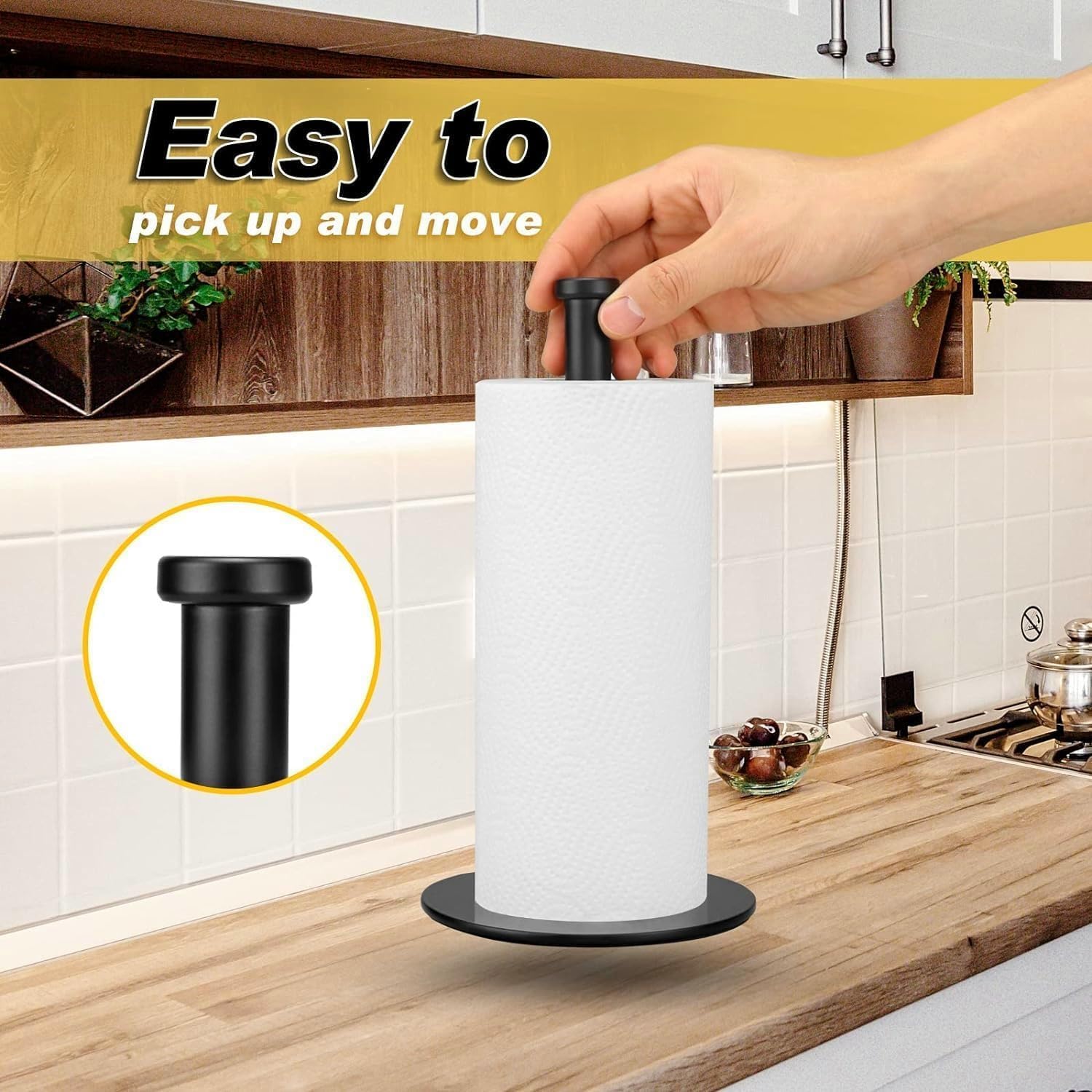 Weighted Paper Towel Holder Countertop Stainless Steel Napkin Holder for Large Roll Free Standing Paper Towel Roll Holder with Heavy Base Standing Vertical Paper Holder for Kitchen Rv (Matte Black)