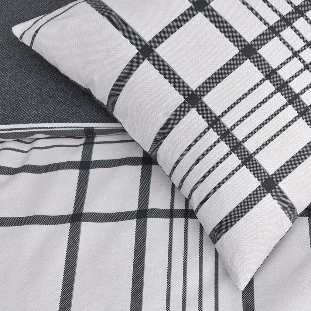 Sleepdown 100% Pure Cotton Check Natural Black Reversible Duvet Cover Quilt Pillow Cases Bedding Set Soft Easy Care - Double (200cm x 200cm)