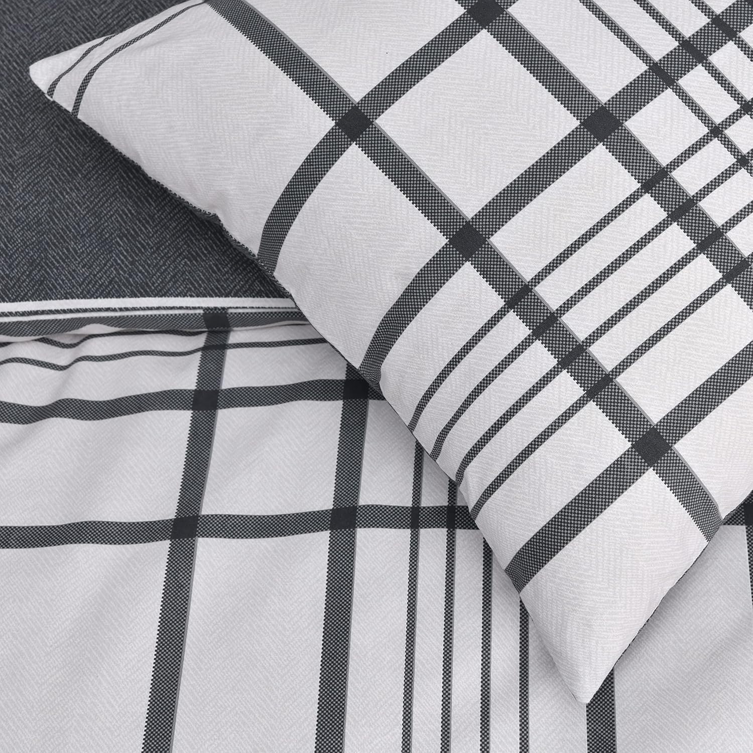 Sleepdown 100% Pure Cotton Check Natural Black Reversible Duvet Cover Quilt Pillow Cases Bedding Set Soft Easy Care - Double (200cm x 200cm)