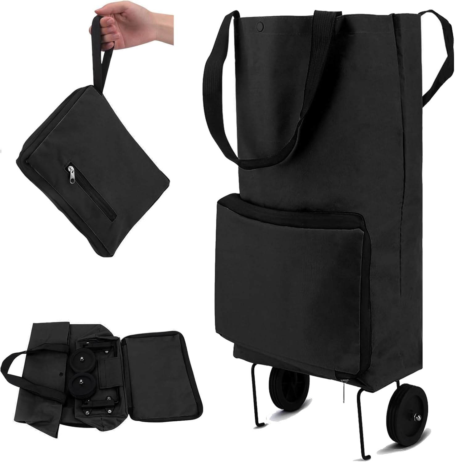 Folding shopping cart, supermarket trolley with two lightweight folding wheels, Oxford cloth bag reusable folding bag large capacity ultra-light handbag travel camping home essential artifact(black) Main image