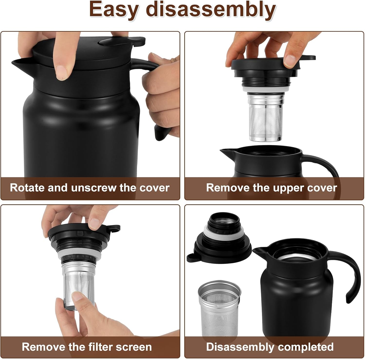 Thermal Coffee Carafe 1000ML Insulated Water Pitcher Stainless Steel Carafe with Detachable Tea Strainer Leak-Proof Vacuum Insulated for Milk Coffee Tea Hot Cold Drinks (1000ml (Black))