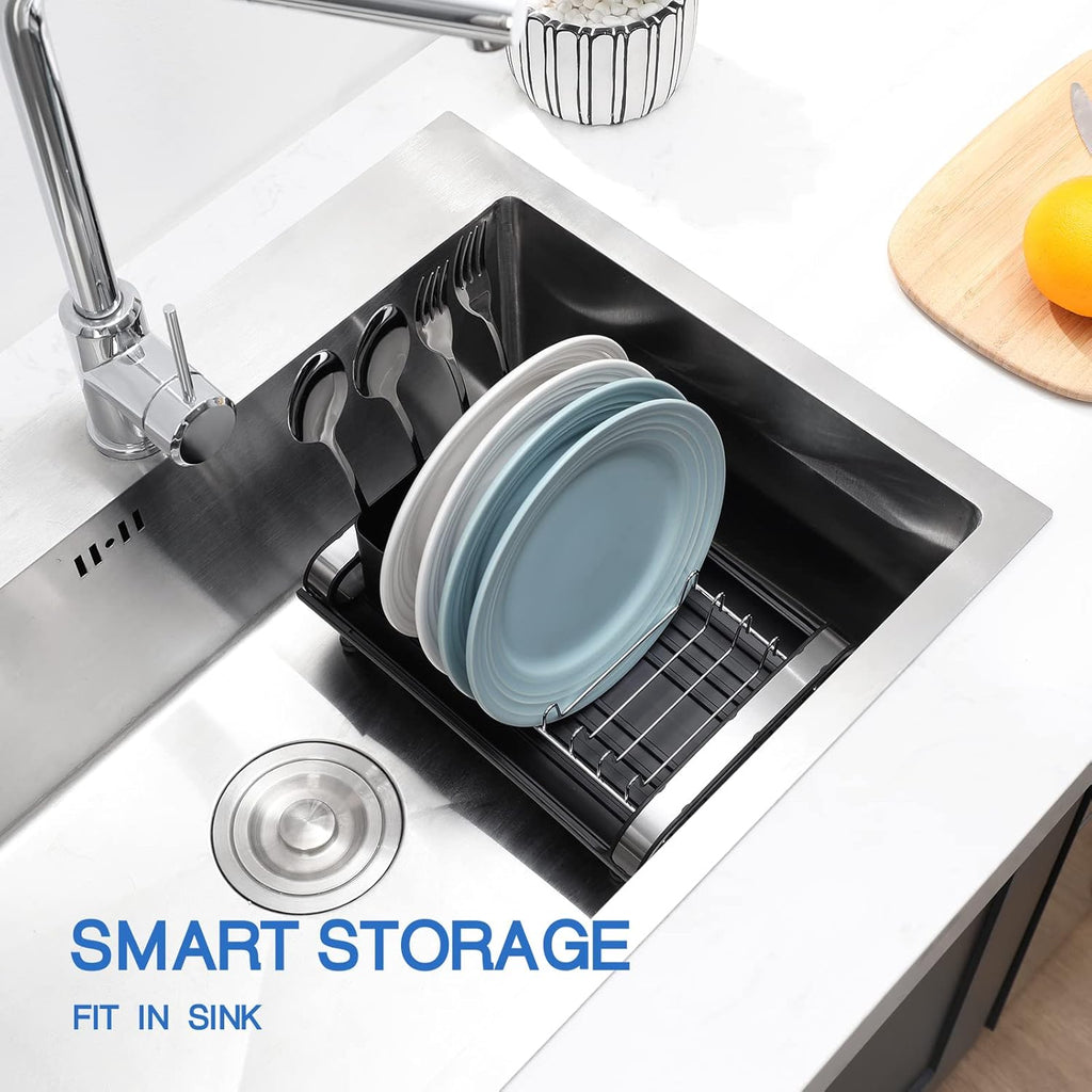 Small Dish Drainer, Expandable Dish Drainer Rack, Dish Rack With Removable Cutlery Holder, Anti Rust Small Sink Drainer, Expandable Draining Board Rack For Kitchen Counter, Black