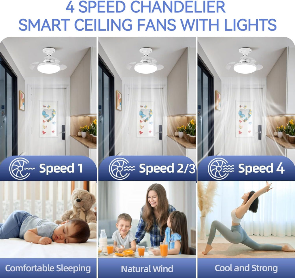 Ceiling Fans with Lights and Remote, 40W Retractable Modern Smart Ceiling Fan Upgraded Motor, 3 Colors 4 Wind Speeds, 3000-6500K Dimmable E27 Base LED Fan Light for Bedroom, Living Room