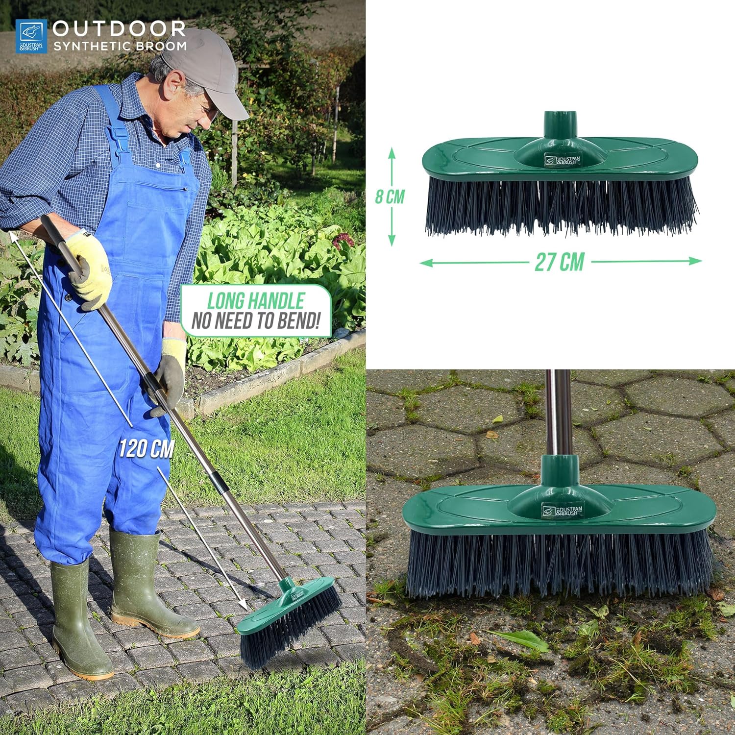 Yard Broom Outdoor Heavy Duty, 10” Garden Broom Synthetic Hard Bristle Brush Head with Strong Handle, Stiff Sweeping Brush Outdoor