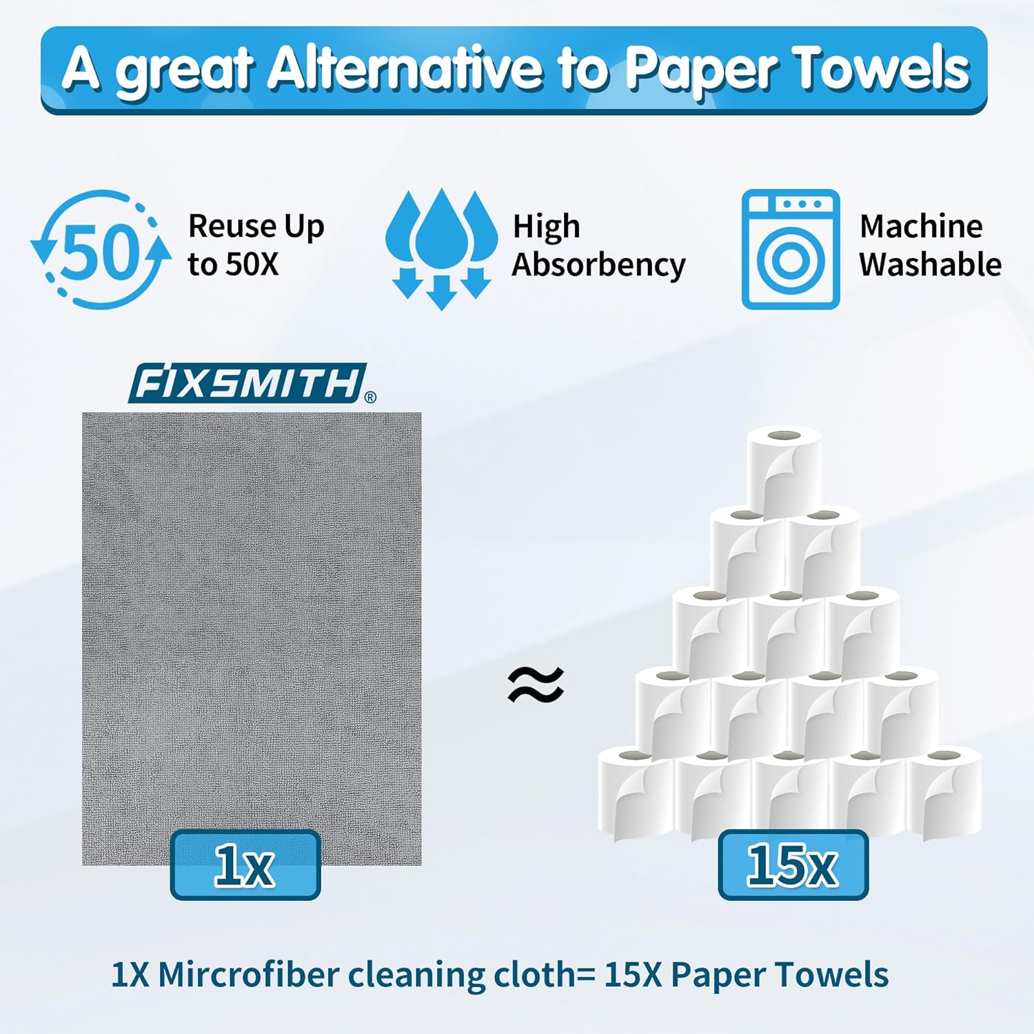 FIXSMITH Grey Microfibre Cleaning Cloth -Pack of 50, 16"X12" Cleaning Rags for Housekeeping and Kitchen, Reusable Shop Towels for Car, Lint Free, Scratch-Free, Highly Absorbent Microfibre Towels